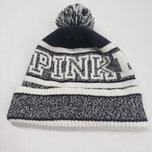 Victorias Secret PINK Logo Pom Pom Beanie Hat Womens Black Knit Striped Winter